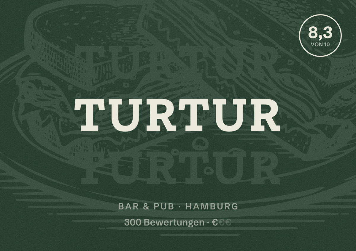 Illustriertes Poster von TurTur, Bar & Pub in Hamburg: Bewertung 8,3 von 10 aus 300 Bewertungen, Preisniveau €
