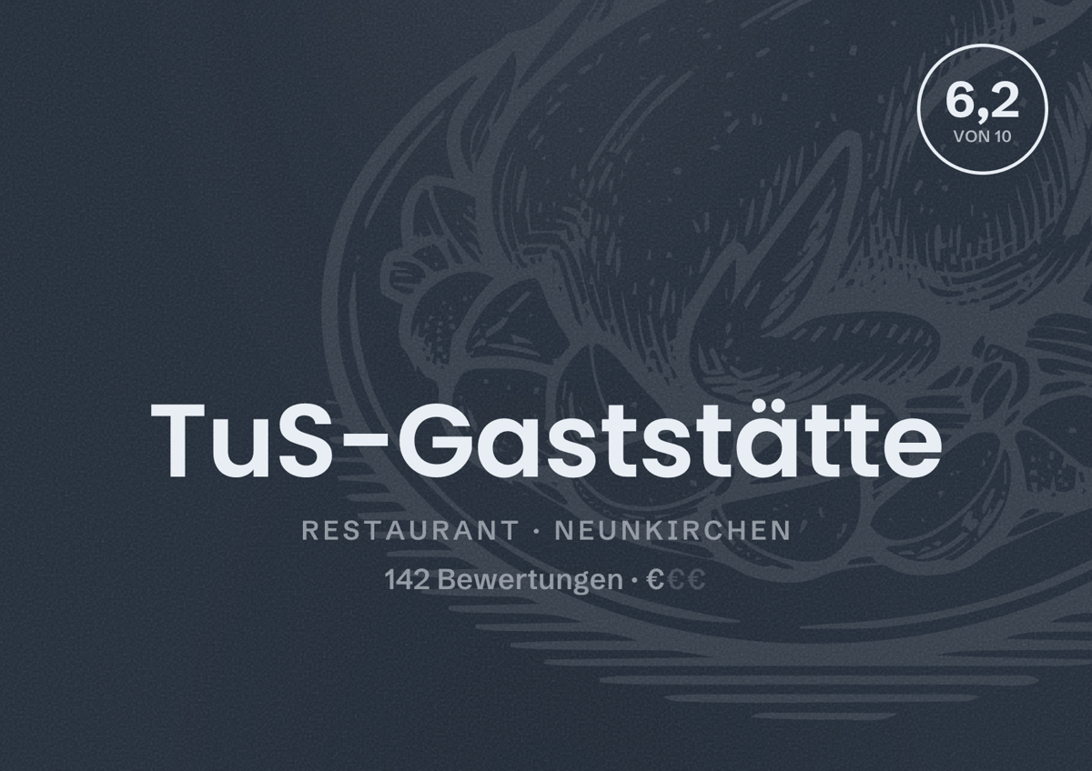 Illustriertes Poster von TuS-Gaststätte, Restaurant in Neunkirchen: Bewertung 6,2 von 10 aus 142 Bewertungen, Preisniveau €