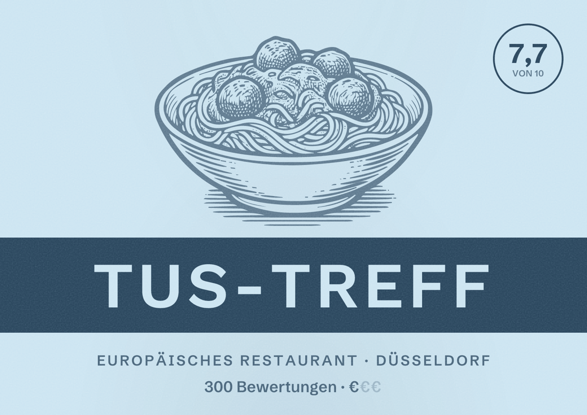 Illustriertes Poster von TuS-Treff, Europäisches Restaurant in Düsseldorf: Bewertung 7,7 von 10 aus 300 Bewertungen, Preisniveau €