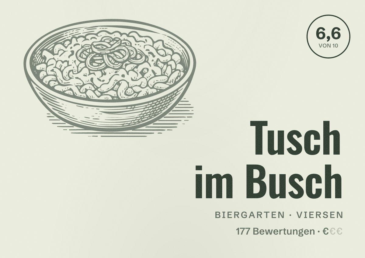 Illustriertes Poster von Tusch im Busch, Biergarten in Viersen: Bewertung 6,6 von 10 aus 177 Bewertungen, Preisniveau €