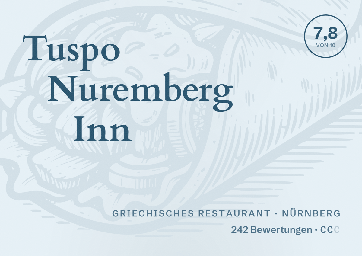 Illustriertes Poster von Tuspo Nuremberg Inn, Griechisches Restaurant in Nürnberg: Gästebewertung 7,8 von 10 aus 242 Bewertungen