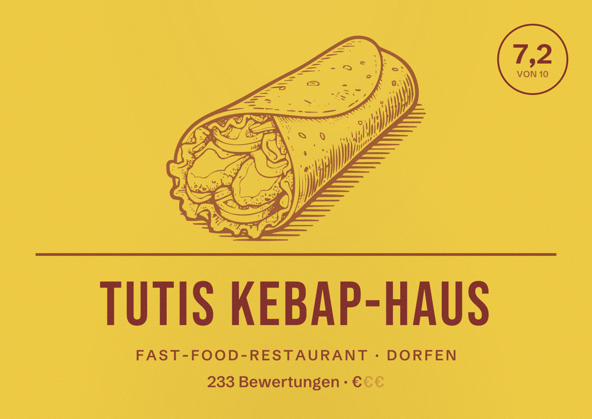 Illustriertes Poster von Tutis Kebap-Haus, Fast-Food-Restaurant in Dorfen: Bewertung 7,2 von 10 aus 233 Bewertungen, Preisniveau €
