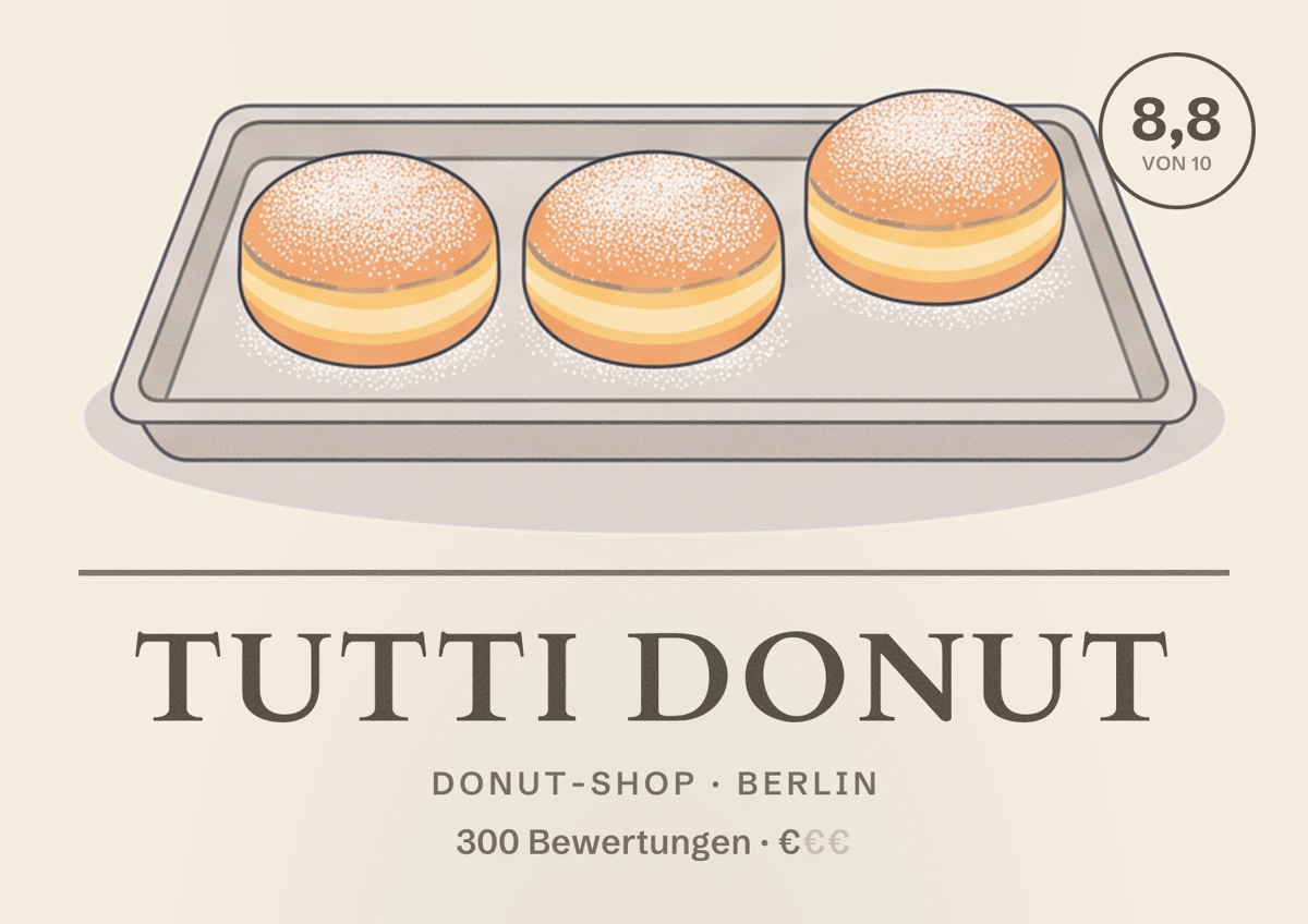 Illustriertes Poster von Tutti Donut, Donut-Shop in Berlin: Bewertung 8,8 von 10 aus 300 Bewertungen, Preisniveau €