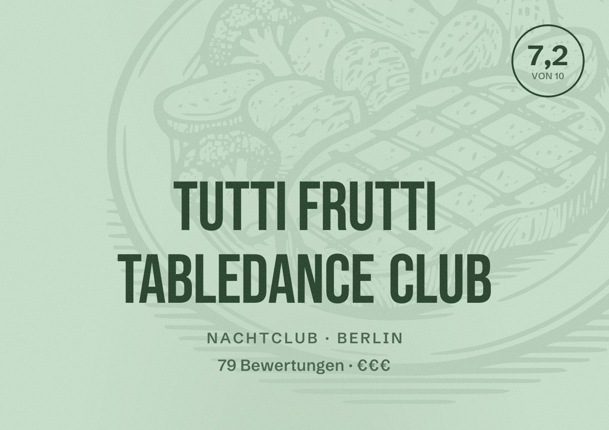 Illustriertes Poster von Tutti Frutti Tabledance Club, Nachtclub in Berlin: Bewertung 7,2 von 10 aus 79 Bewertungen, Preisniveau €€€