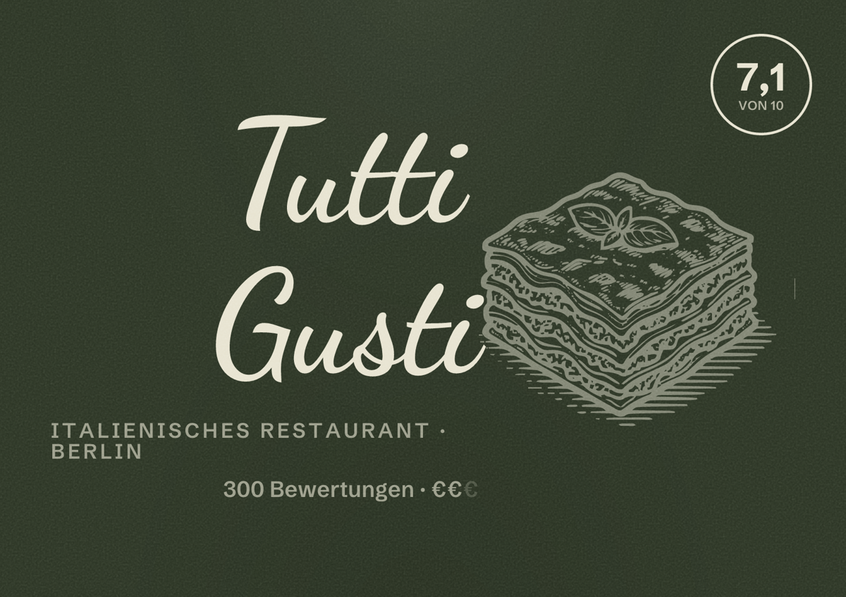 Illustriertes Poster von Tutti Gusti, Italienisches Restaurant in Berlin: Bewertung 7,1 von 10 aus 300 Bewertungen, Preisniveau €€