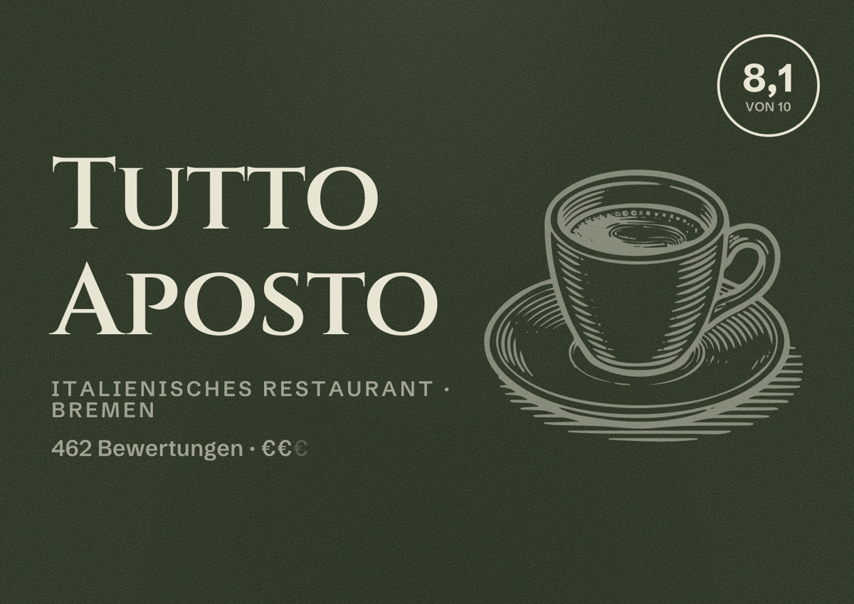 Illustriertes Poster von Tutto Aposto, Italienisches Restaurant in Bremen: Bewertung 8,1 von 10 aus 462 Bewertungen, Preisniveau €€