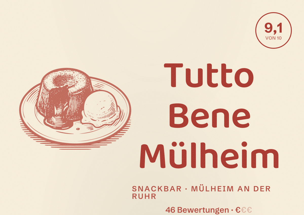 Illustriertes Poster von Tutto Bene Mülheim, Snackbar in Mülheim an der Ruhr: Bewertung 9,1 von 10 aus 46 Bewertungen, Preisniveau €