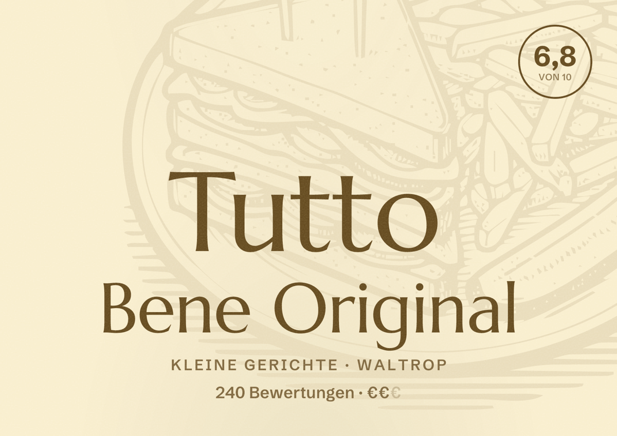 Illustriertes Poster von Tutto Bene Original, Kleine Gerichte in Waltrop: Bewertung 6,8 von 10 aus 240 Bewertungen, Preisniveau €€