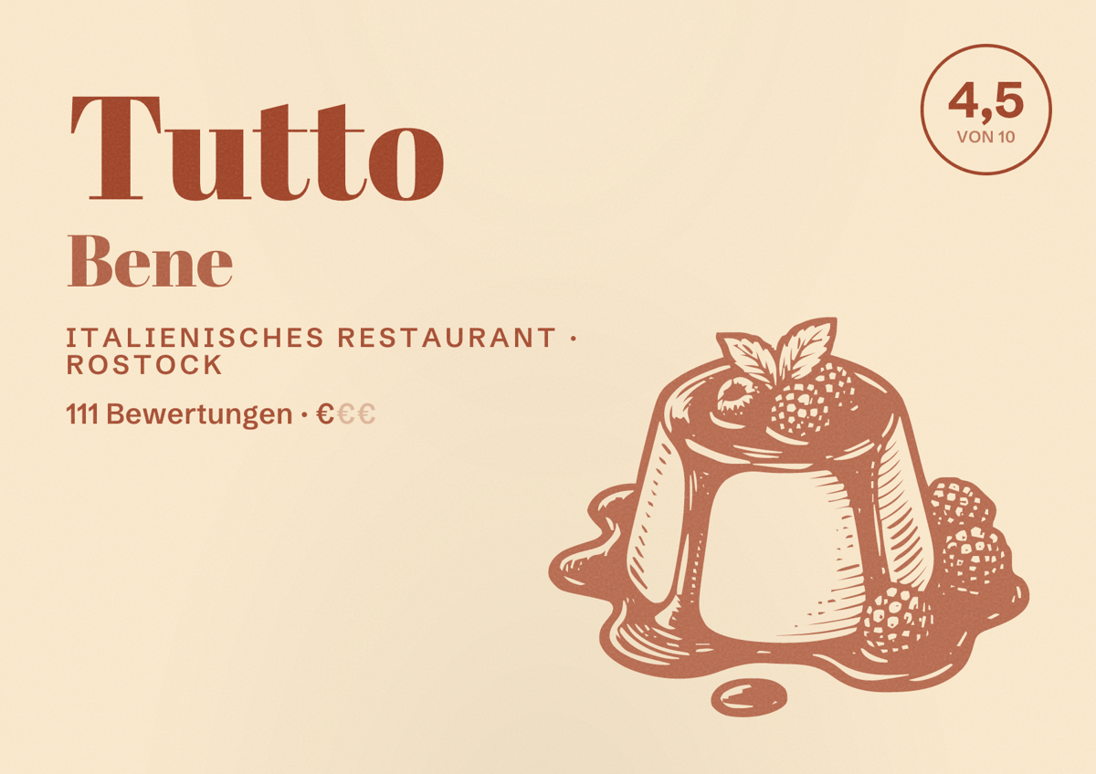 Illustriertes Poster von Tutto Bene, Italienisches Restaurant in Rostock: Bewertung 4,5 von 10 aus 111 Bewertungen, Preisniveau €