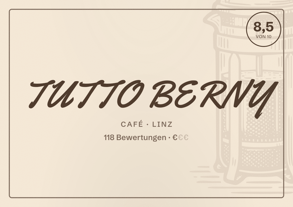 Illustriertes Poster von TUTTO BERNY, Café in Linz: Bewertung 8,5 von 10 aus 118 Bewertungen, Preisniveau €