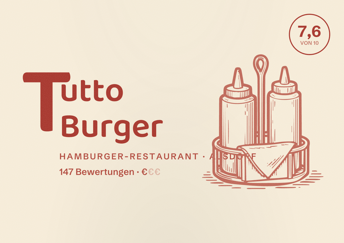 Illustriertes Poster von Tutto Burger, Hamburger-Restaurant in Alsdorf: Bewertung 7,6 von 10 aus 147 Bewertungen, Preisniveau €