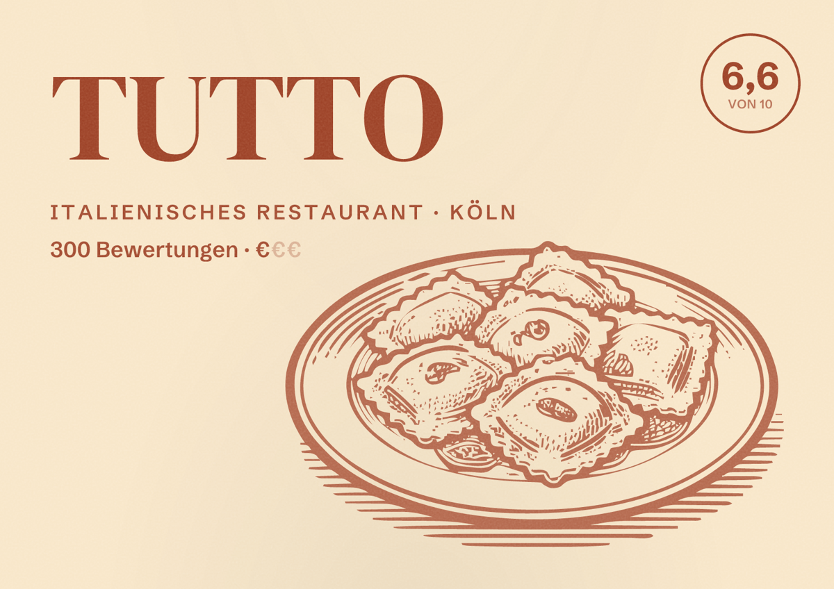 Illustriertes Poster von TUTTO, Italienisches Restaurant in Köln: Bewertung 6,6 von 10 aus 300 Bewertungen, Preisniveau €