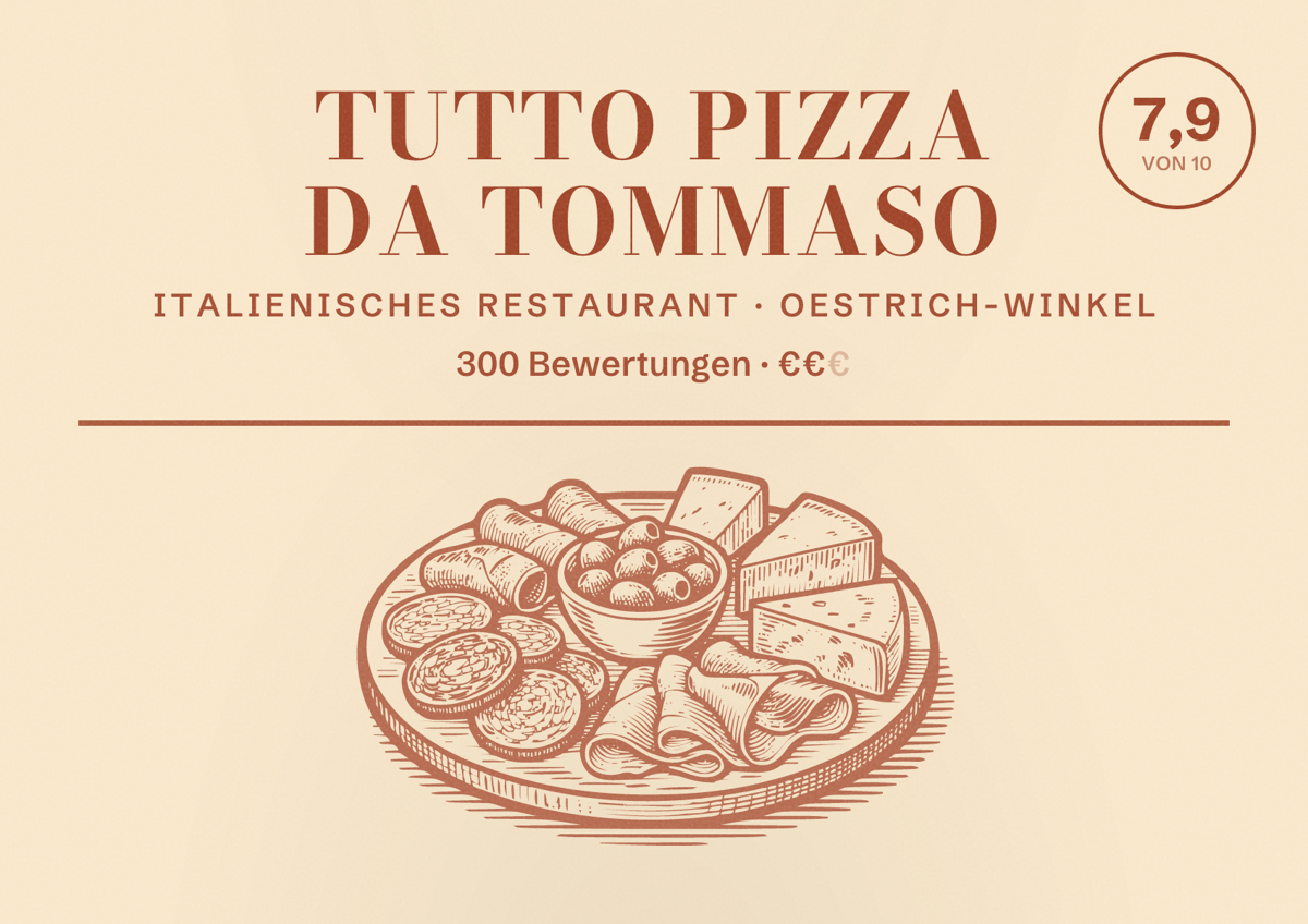 Illustriertes Poster von Tutto Pizza da Tommaso, Italienisches Restaurant in Oestrich-Winkel: Bewertung 7,9 von 10 aus 300 Bewertungen, Preisniveau €€