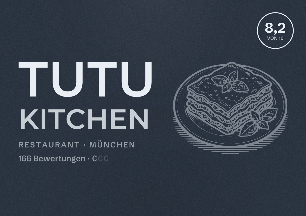 Illustriertes Poster von TUTU Kitchen, Restaurant in München: Bewertung 8,2 von 10 aus 166 Bewertungen, Preisniveau €