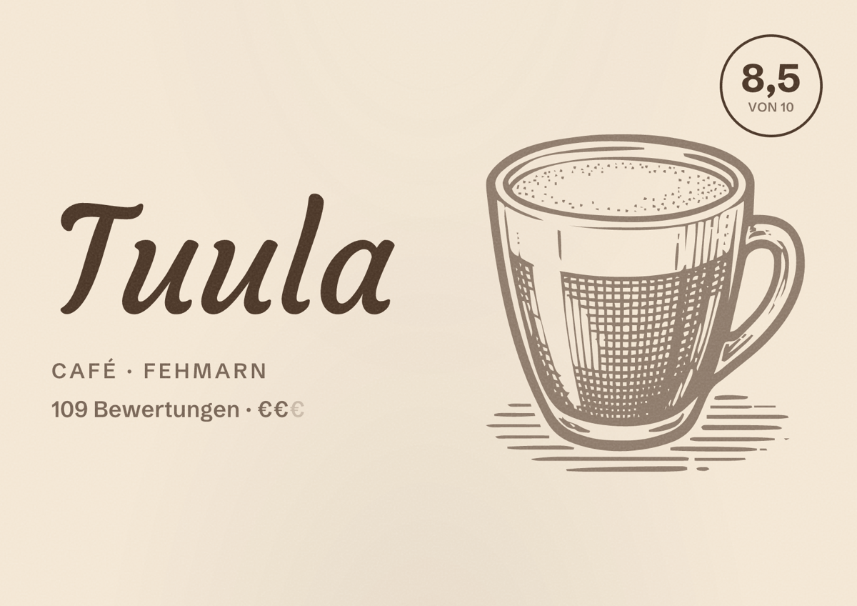 Illustriertes Poster von Tuula, Café in Fehmarn: Bewertung 8,5 von 10 aus 109 Bewertungen, Preisniveau €€