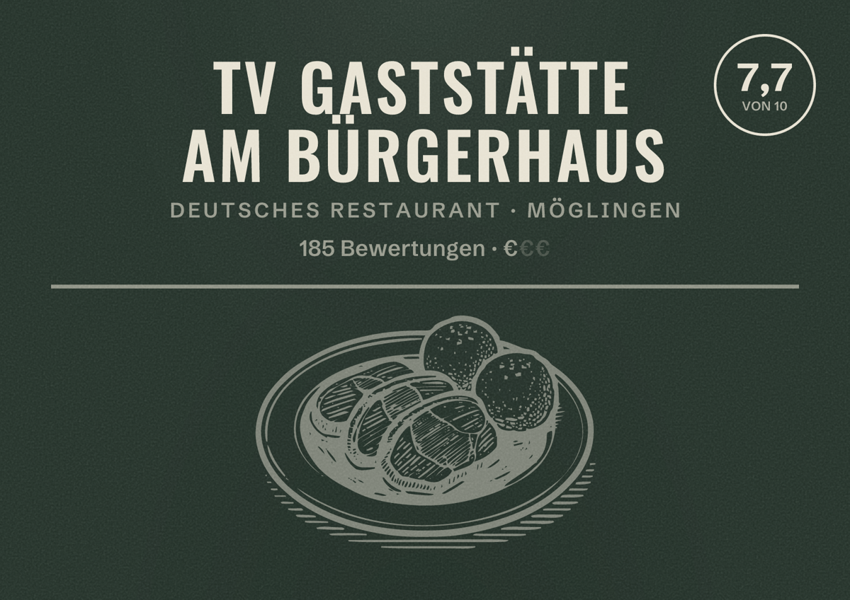Illustriertes Poster von TV Gaststätte am Bürgerhaus, Deutsches Restaurant in Möglingen: Bewertung 7,7 von 10 aus 185 Bewertungen, Preisniveau €