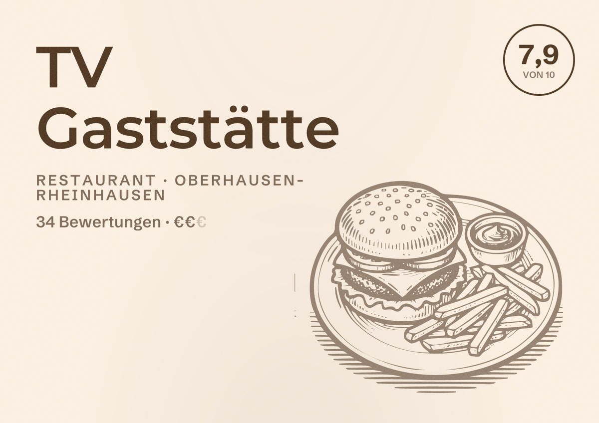 Illustriertes Poster von TV Gaststätte, Restaurant in Oberhausen-Rheinhausen: Bewertung 7,9 von 10 aus 34 Bewertungen, Preisniveau €€