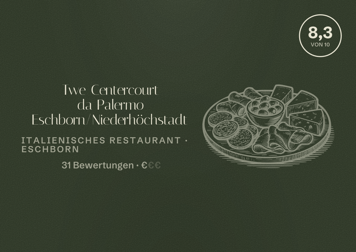 Illustriertes Poster von Twe Centercourt da Palermo Eschborn/Niederhöchstadt, Italienisches Restaurant in Eschborn: Bewertung 8,3 von 10 aus 31 Bewertungen, Preisniveau €