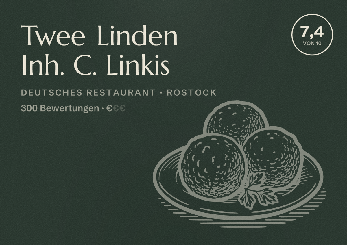 Illustriertes Poster von Twee Linden Inh. C. Linkis, Deutsches Restaurant in Rostock: Bewertung 7,4 von 10 aus 300 Bewertungen, Preisniveau €