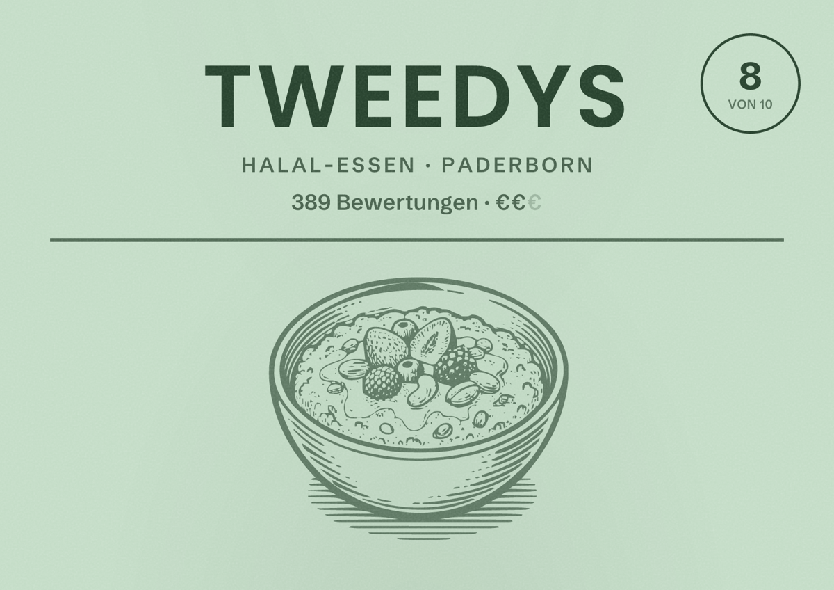 Illustriertes Poster von Tweedys, Halal-Essen in Paderborn: Bewertung 8,0 von 10 aus 389 Bewertungen, Preisniveau €€