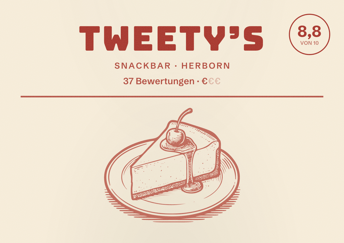 Illustriertes Poster von Tweety’s, Snackbar in Herborn: Bewertung 8,8 von 10 aus 37 Bewertungen, Preisniveau €