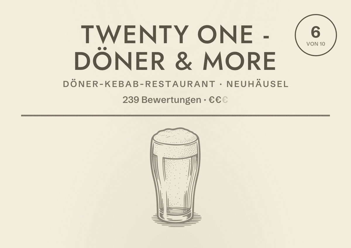 Illustriertes Poster von TWENTY ONE - Döner & More, Döner-Kebab-Restaurant in Neuhäusel: Bewertung 6 von 10 aus 239 Bewertungen, Preisniveau €€