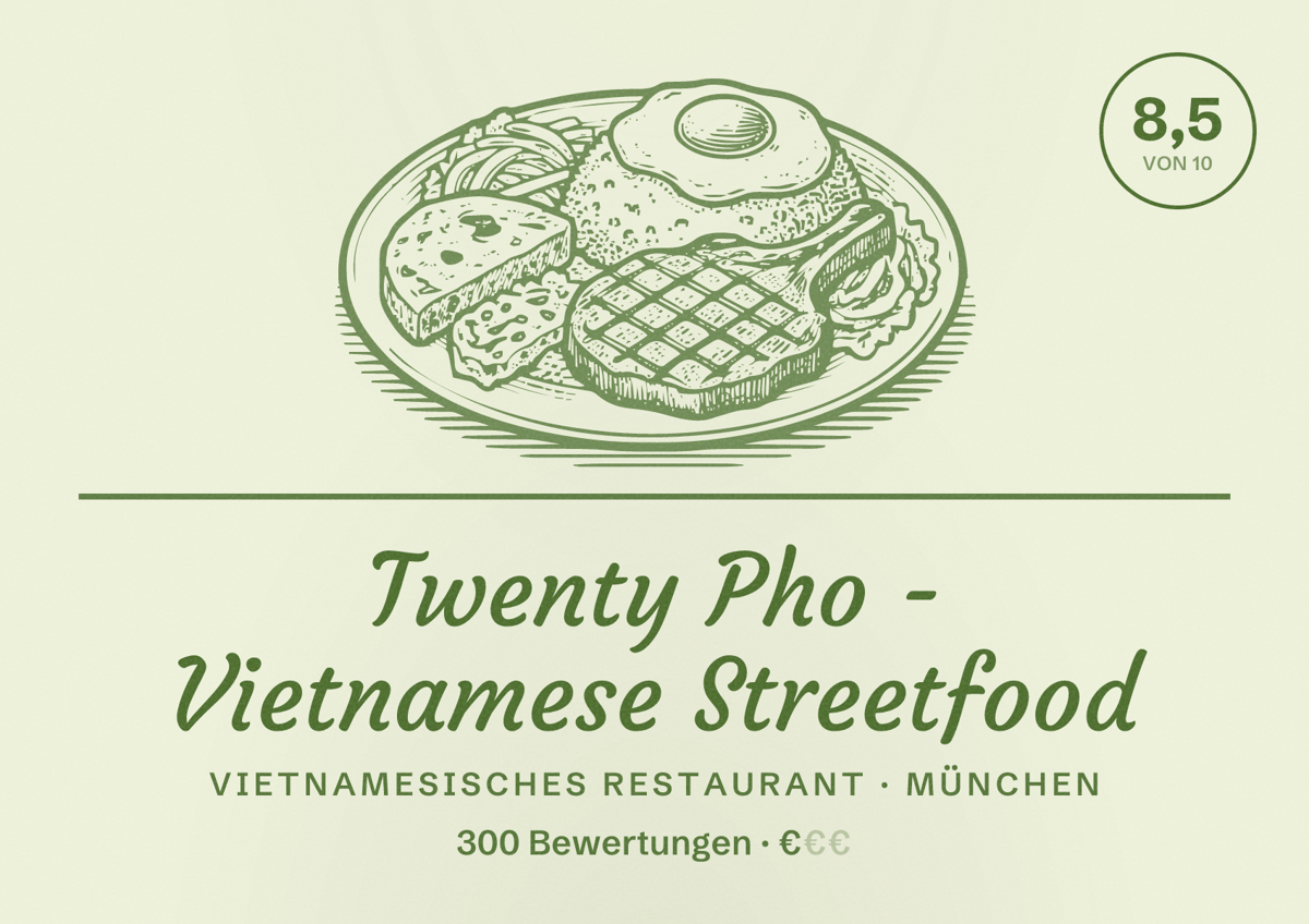 Illustriertes Poster von Twenty Pho - Vietnamese Streetfood, Vietnamesisches Restaurant in München: Bewertung 8,5 von 10 aus 300 Bewertungen, Preisniveau €