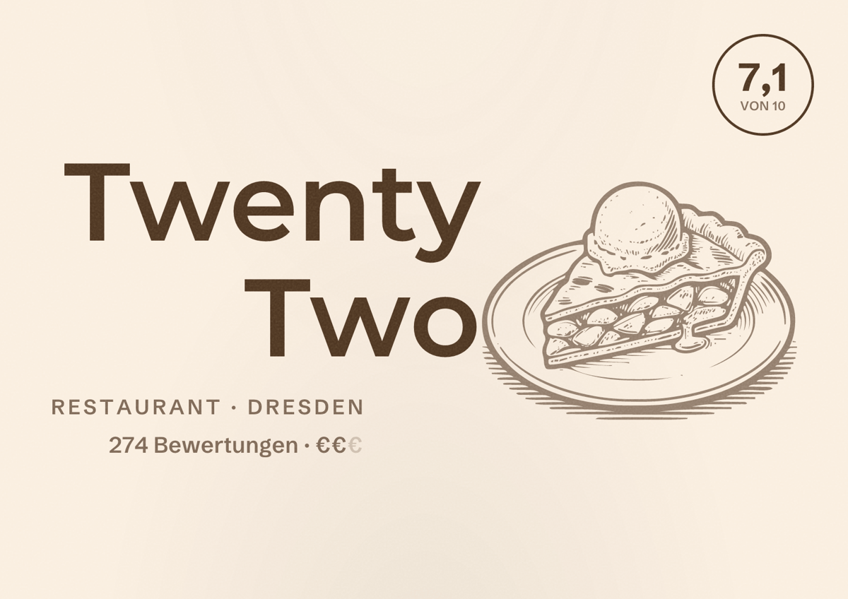 Illustriertes Poster von Twenty Two, Restaurant in Dresden: Bewertung 7,1 von 10 aus 274 Bewertungen, Preisniveau €€