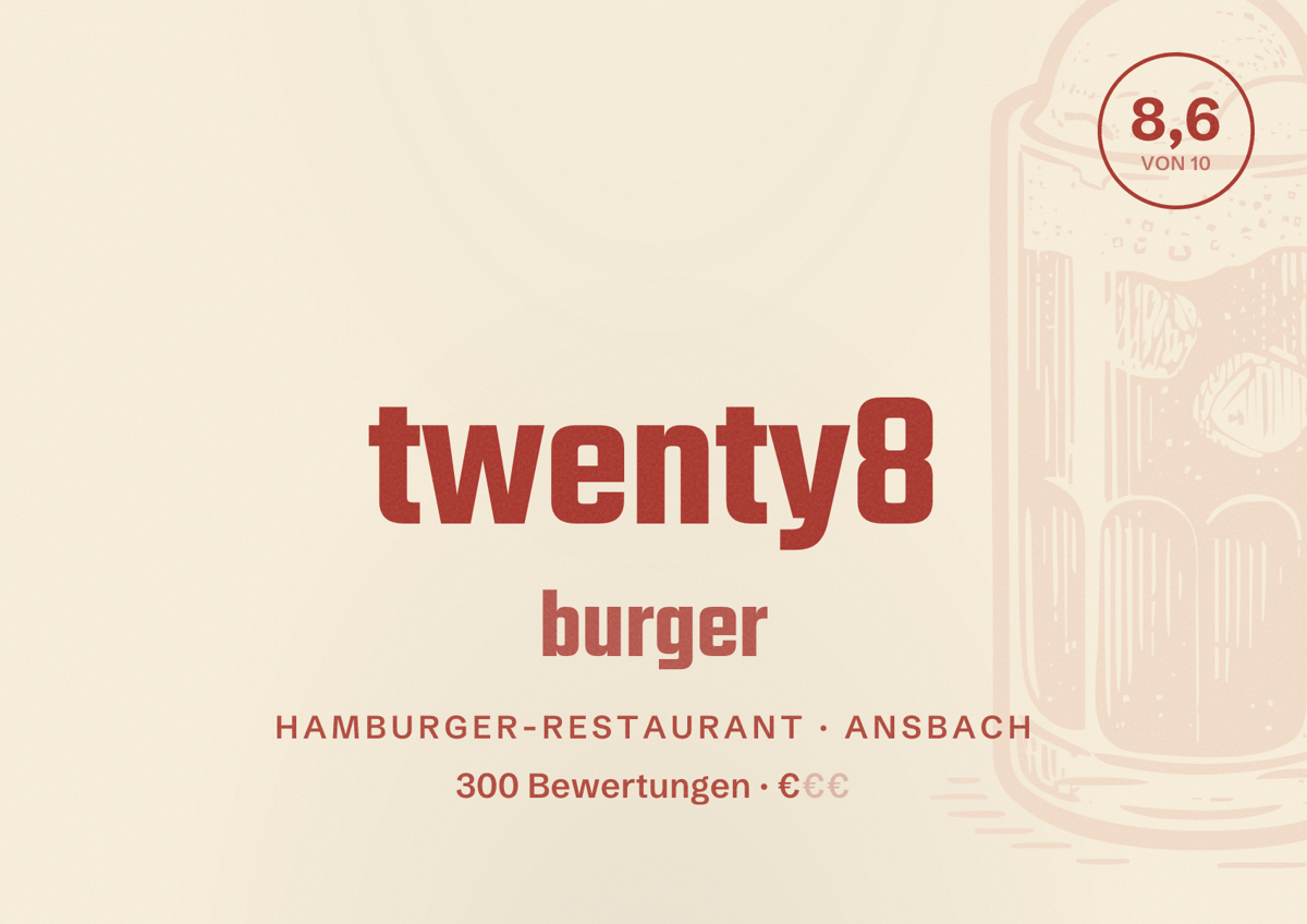Illustriertes Poster von twenty8 burger, Hamburger-Restaurant in Ansbach: Bewertung 8,6 von 10 aus 300 Bewertungen, Preisniveau €