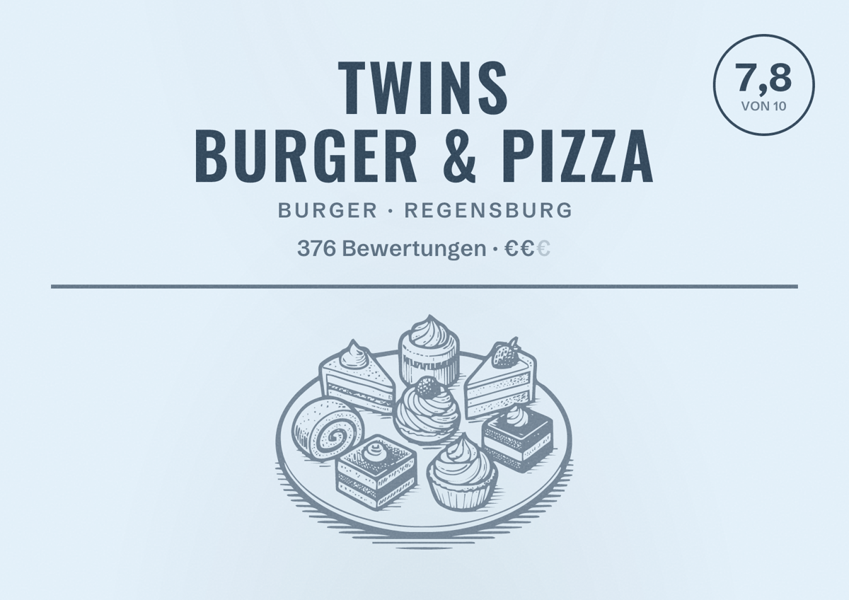 Illustriertes Poster von Twins Burger & Pizza, Burger in Regensburg: Bewertung 7,8 von 10 aus 376 Bewertungen, Preisniveau €€