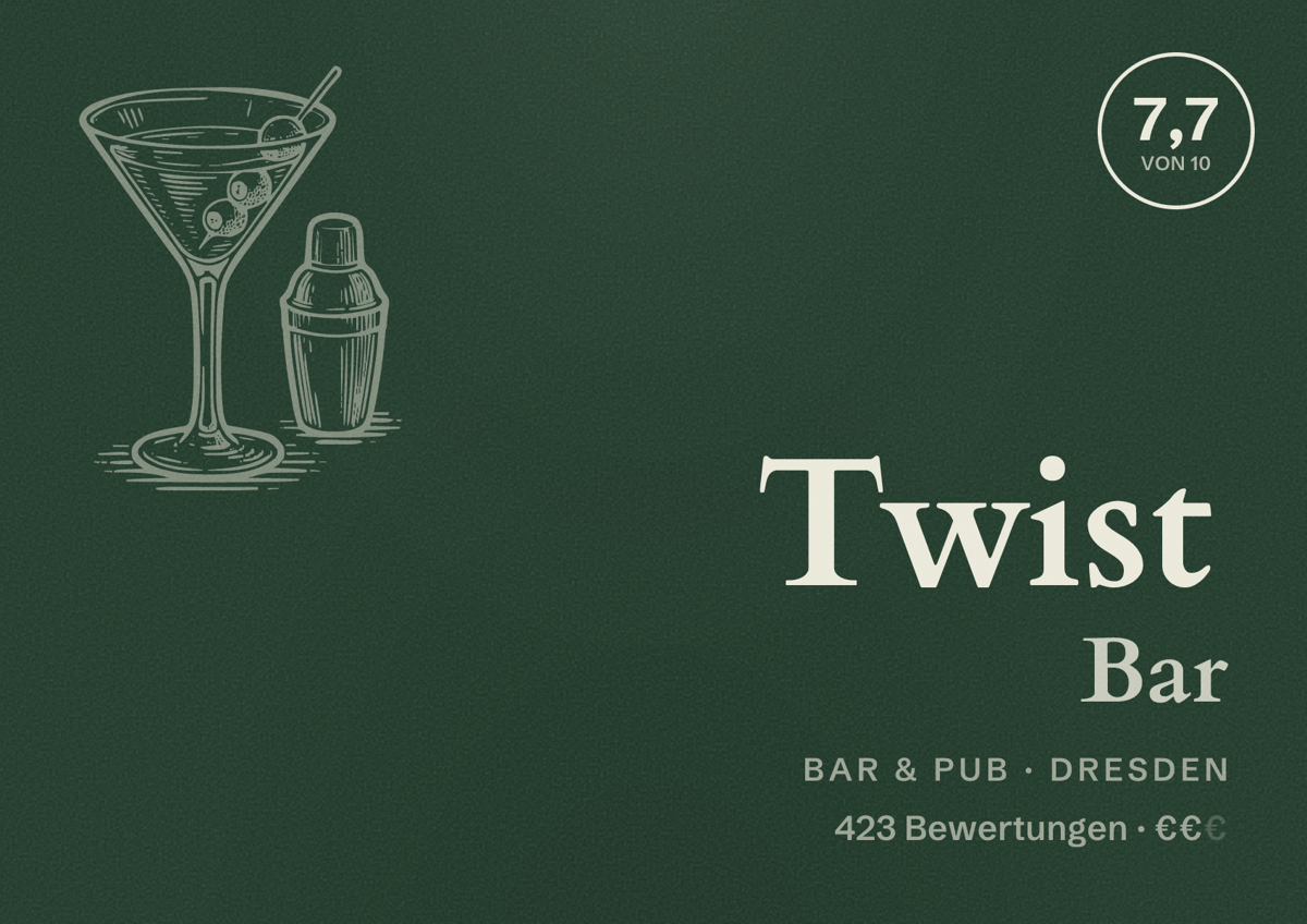 Illustriertes Poster von Twist Bar, Bar & Pub in Dresden: Bewertung 7,7 von 10 aus 423 Bewertungen, Preisniveau €€