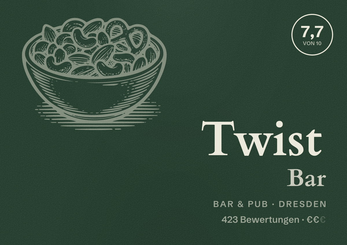 Illustriertes Poster von Twist Bar, Bar & Pub in Dresden: Gästebewertung 7,7 von 10 aus 423 Bewertungen