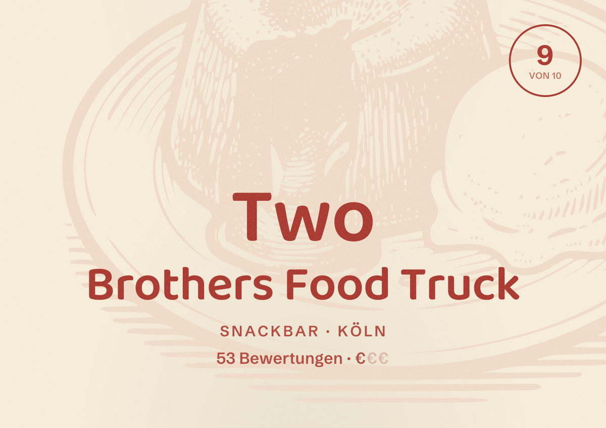 Illustriertes Poster von Two Brothers Food Truck, Snackbar in Köln: Bewertung 9,0 von 10 aus 53 Bewertungen, Preisniveau €