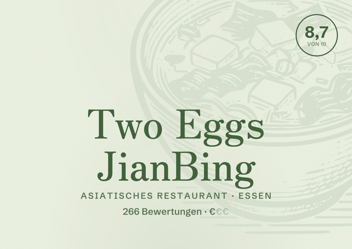 Illustriertes Poster von Two Eggs JianBing, Asiatisches Restaurant in Essen: Gästebewertung 8,6 von 10 aus 266 Bewertungen