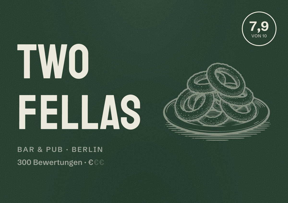 Illustriertes Poster von Two Fellas, Bar & Pub in Berlin: Bewertung 7,9 von 10 aus 300 Bewertungen, Preisniveau €