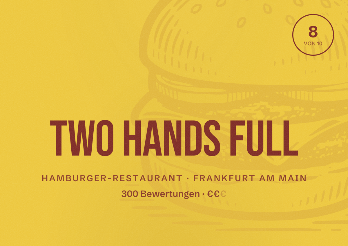 Illustriertes Poster von TWO HANDS FULL, Hamburger-Restaurant in Frankfurt am Main: Bewertung 8,0 von 10 aus 300 Bewertungen, Preisniveau €€