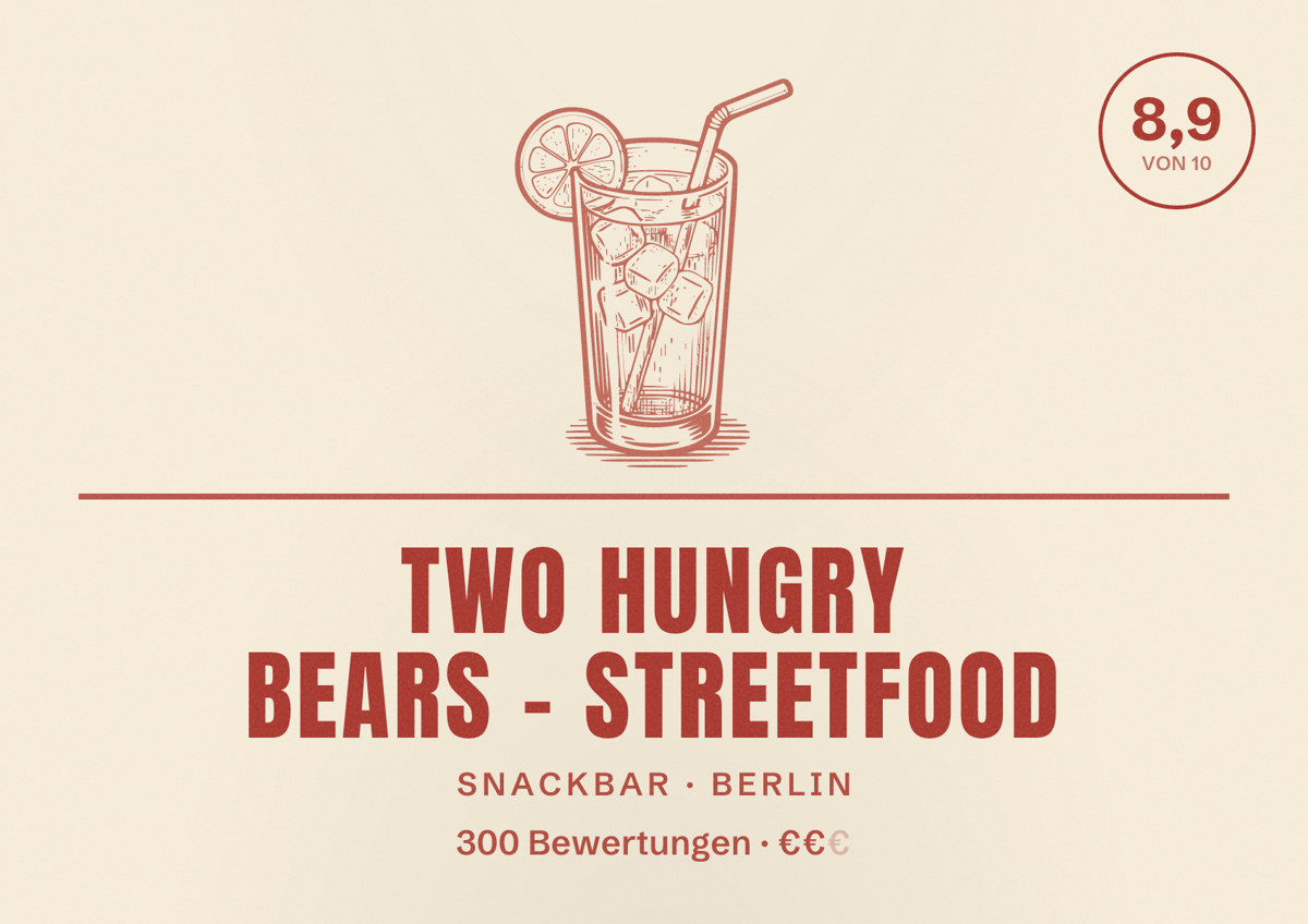 Illustriertes Poster von Two Hungry Bears - Streetfood, Snackbar in Berlin: Bewertung 8,9 von 10 aus 300 Bewertungen, Preisniveau €€