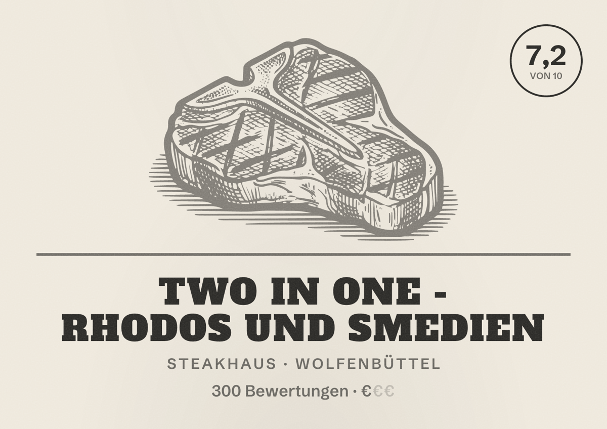 Illustriertes Poster von Two in One - Rhodos und Smedien, Steakhaus in Wolfenbüttel: Bewertung 7,2 von 10 aus 300 Bewertungen, Preisniveau €