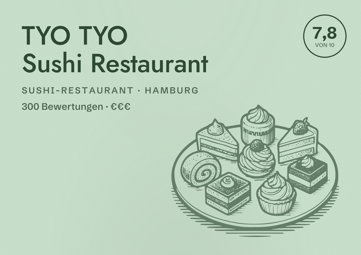 Illustriertes Poster von TYO TYO Sushi Restaurant, Sushi-Restaurant in Hamburg: Bewertung 7,8 von 10 aus 300 Bewertungen, Preisniveau €€€