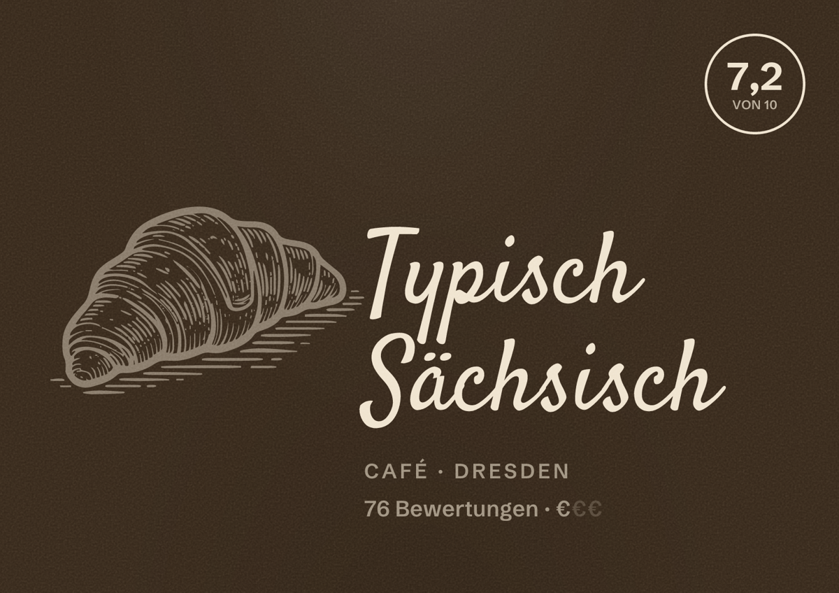 Illustriertes Poster von Typisch Sächsisch, Café in Dresden: Bewertung 7,2 von 10 aus 76 Bewertungen, Preisniveau €