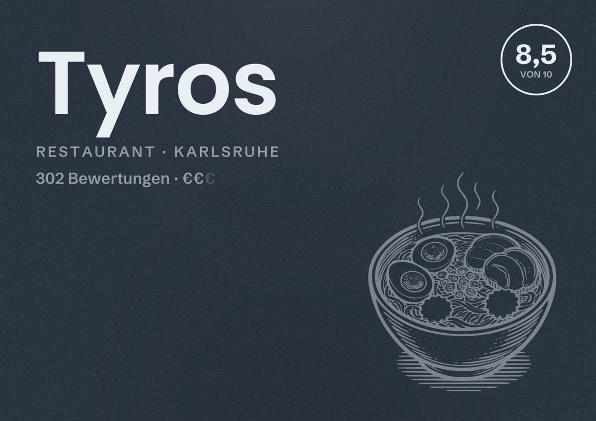 Illustriertes Poster von Tyros, Restaurant in Karlsruhe: Bewertung 8,5 von 10 aus 302 Bewertungen, Preisniveau €€