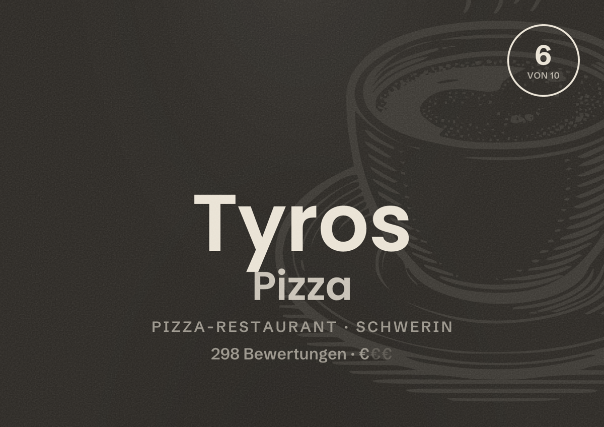 Illustriertes Poster von Tyros Pizza, Pizza-Restaurant in Schwerin: Bewertung 6 von 10 aus 298 Bewertungen, Preisniveau €