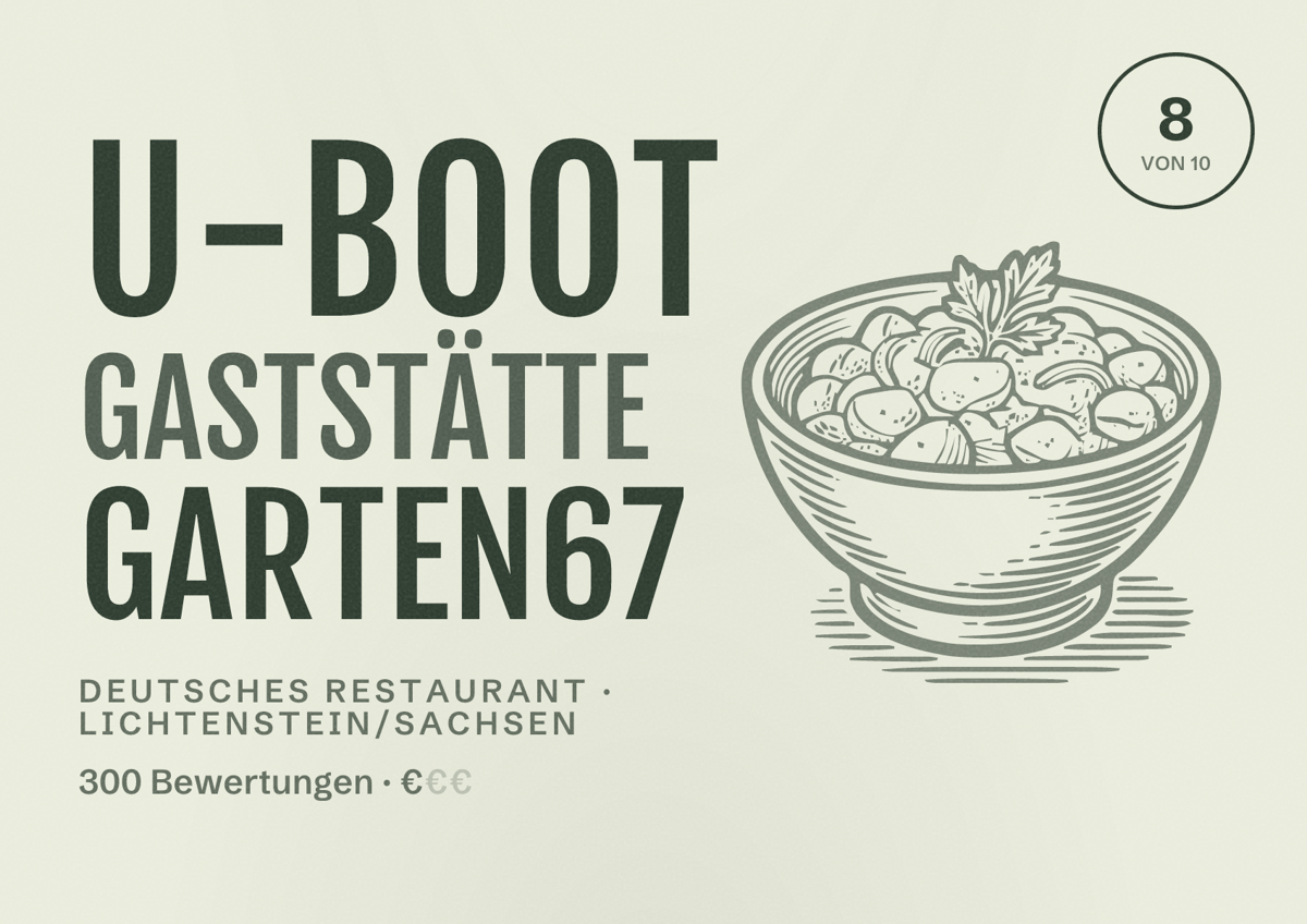 Illustriertes Poster von U-Boot Gaststätte Garten67, Deutsches Restaurant in Lichtenstein/Sachsen: Bewertung 8 von 10 aus 300 Bewertungen, Preisniveau €