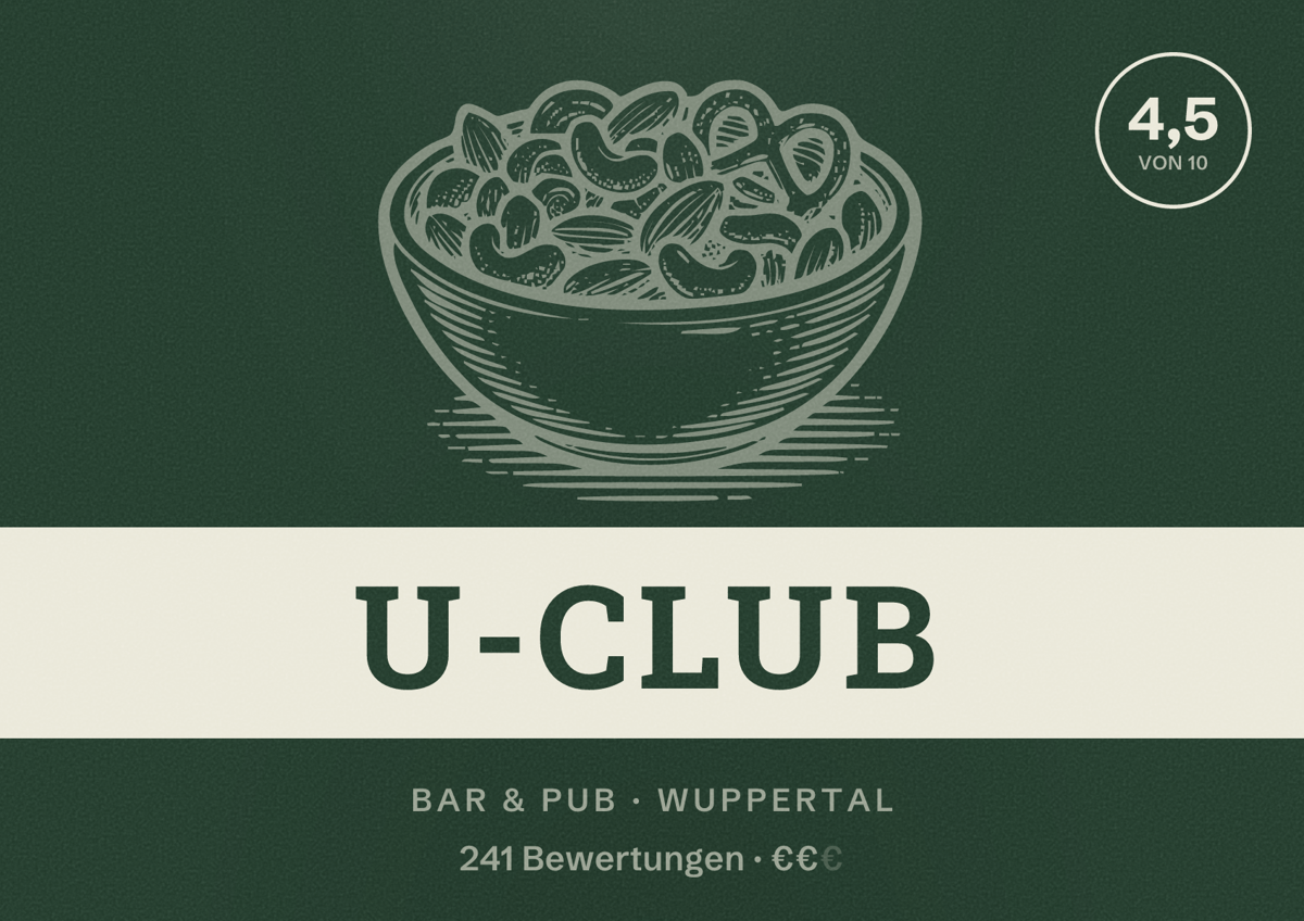 Illustriertes Poster von U-Club, Bar & Pub in Wuppertal: Gästebewertung 4,5 von 10 aus 241 Bewertungen