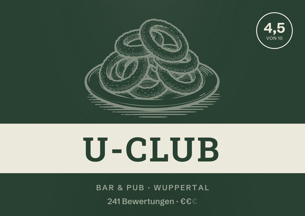 Illustriertes Poster von U-Club, Bar & Pub in Wuppertal: Gästebewertung 4,5 von 10 aus 241 Bewertungen