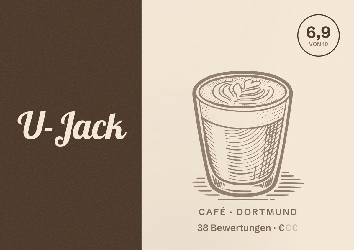 Illustriertes Poster von U-Jack, Café in Dortmund: Bewertung 6,9 von 10 aus 38 Bewertungen, Preisniveau €