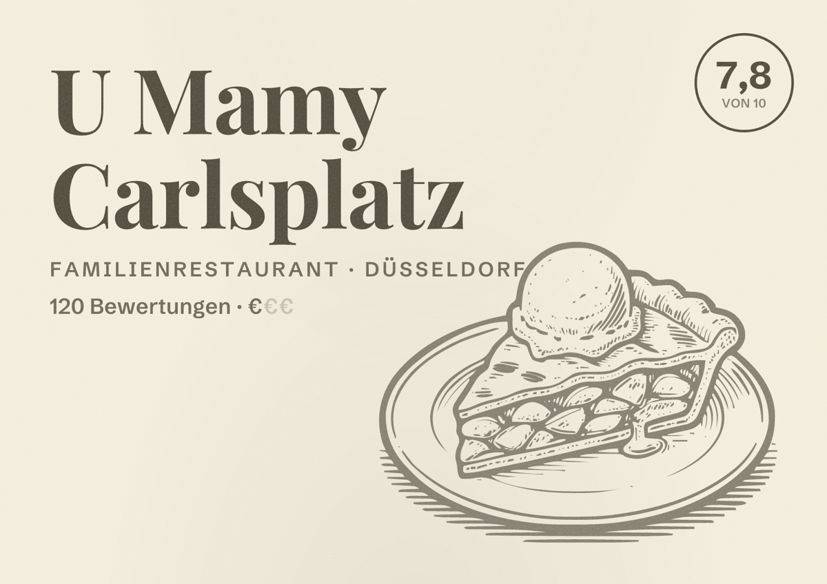 Illustriertes Poster von U Mamy Carlsplatz, Familienrestaurant in Düsseldorf: Bewertung 7,8 von 10 aus 120 Bewertungen, Preisniveau €