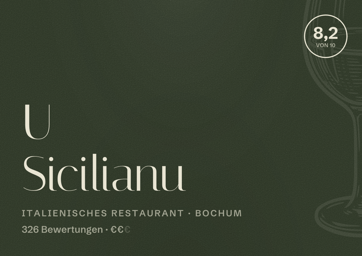 Illustriertes Poster von U Sicilianu, Italienisches Restaurant in Bochum: Bewertung 8,2 von 10 aus 326 Bewertungen, Preisniveau €€