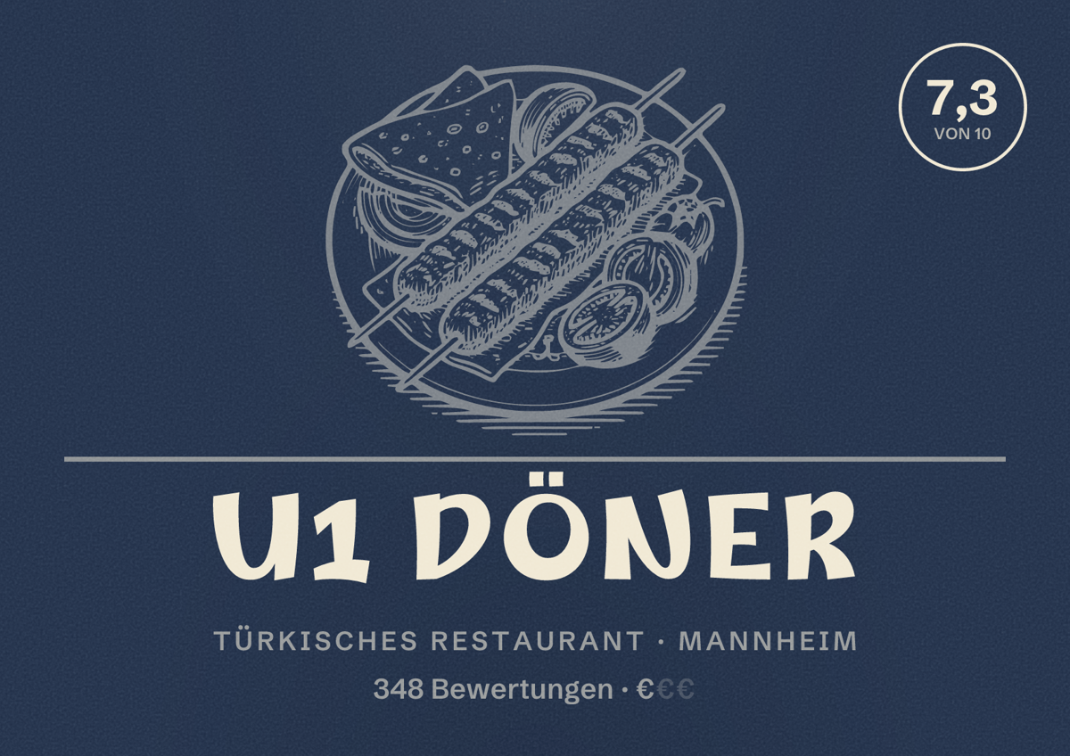 Illustriertes Poster von U1 Döner, Türkisches Restaurant in Mannheim: Bewertung 7,3 von 10 aus 348 Bewertungen, Preisniveau €