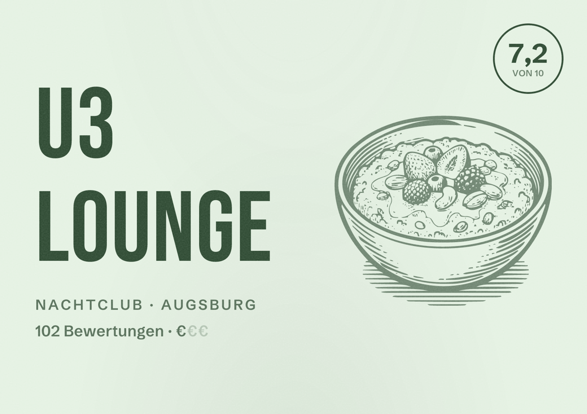 Illustriertes Poster von U3 Lounge, Nachtclub in Augsburg: Bewertung 7,2 von 10 aus 102 Bewertungen, Preisniveau €